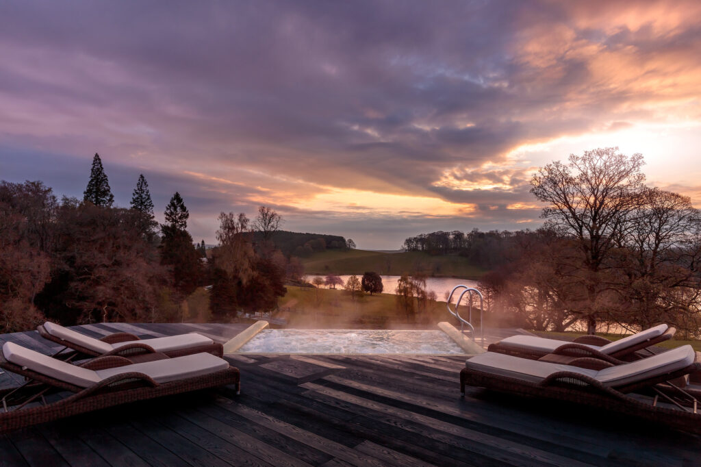 Spa at dusk over looking the country estate at The Coniston